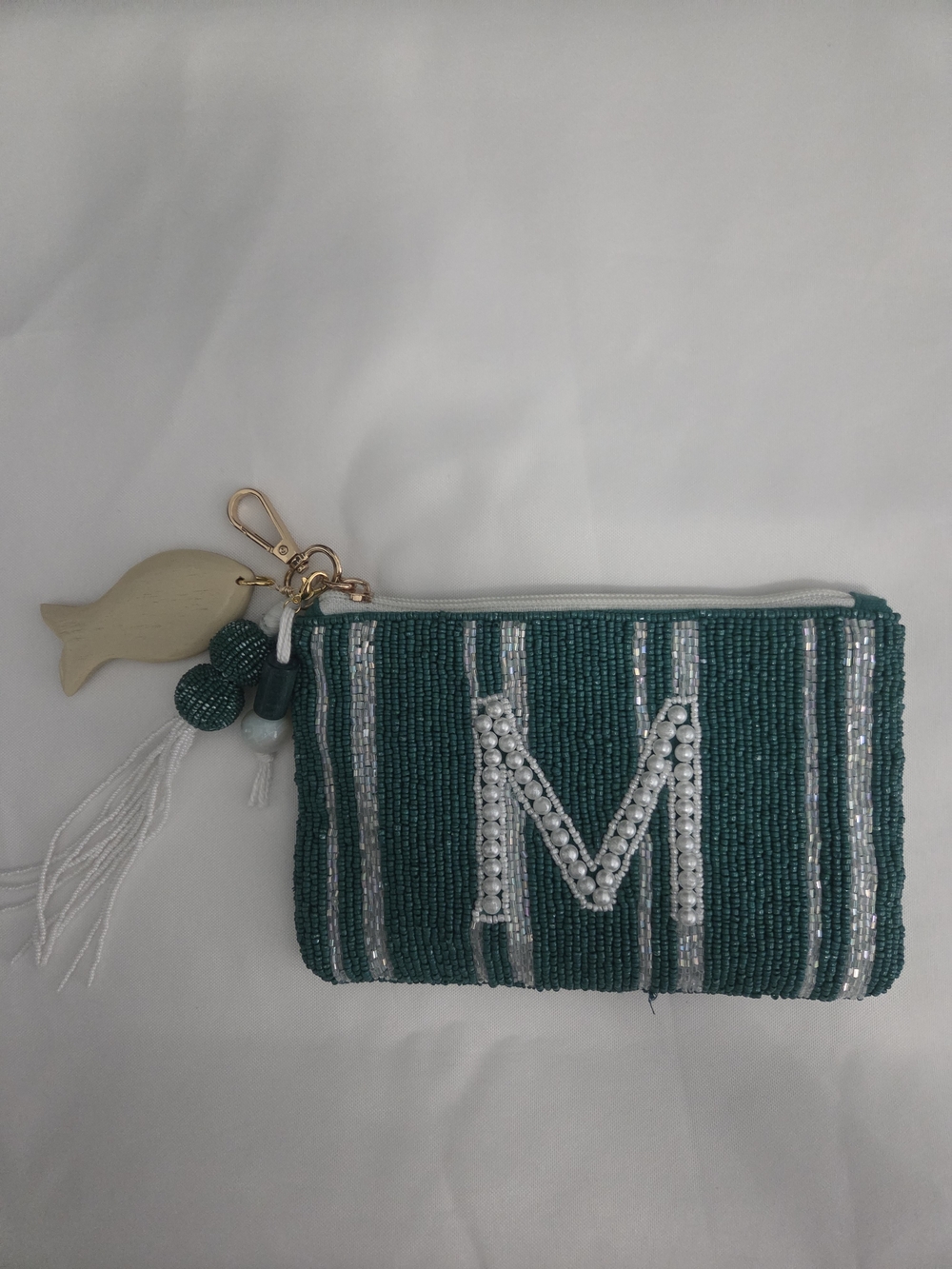 Beaded Monogram 'M' Teal Wristlet Pouch